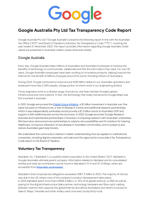 Google Australia Pty Ltd 税务透明度准则报告